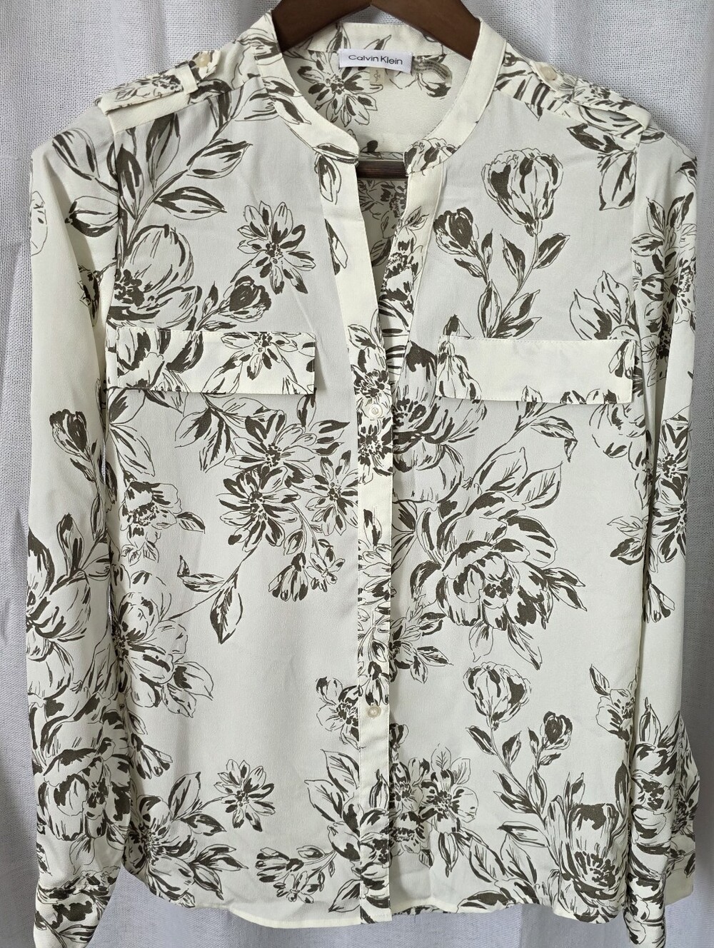 Calvin Klein Cream and Brown Floral Button-Down Blouse